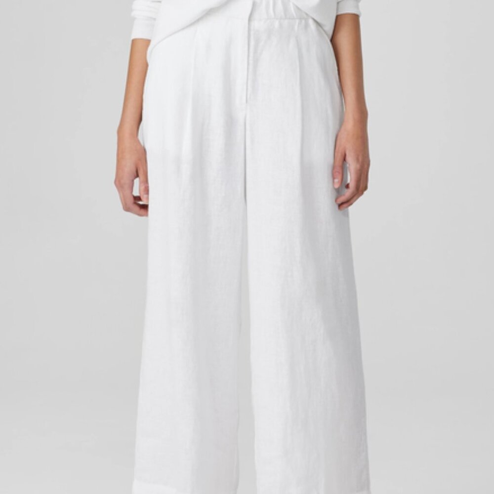 NWT Eileen Fisher White Organic Linen Pleated Wide Ankle F/L Pants - Picture 2 of 8